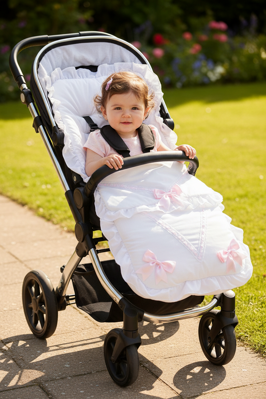Baby Girls White And Pink Universal 3 Bow Footmuff