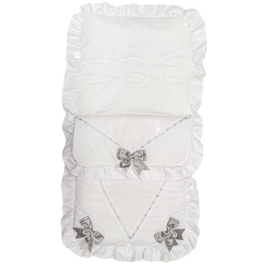 Unisex Baby White And Grey 3 Satin Bow Universal Footmuff