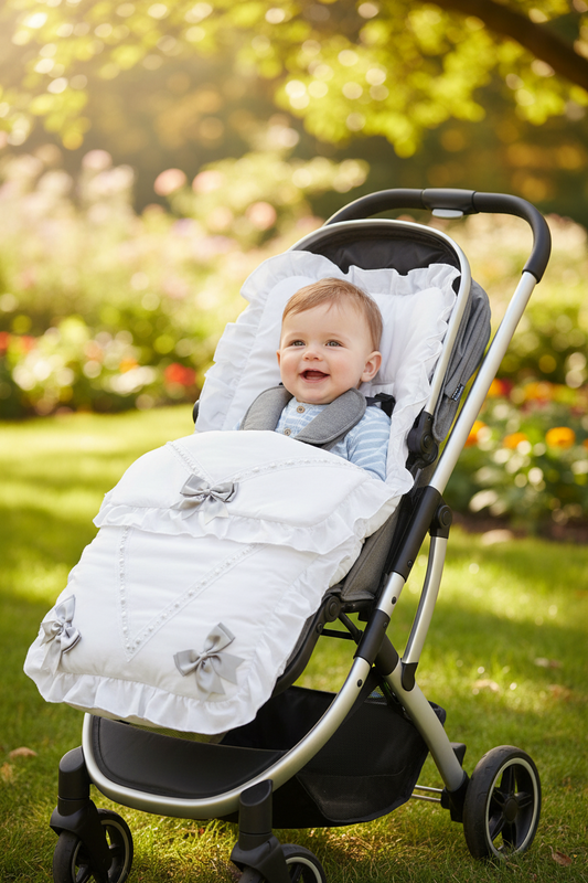 Unisex Baby White And Grey 3 Satin Bow Universal Footmuff