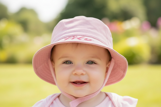 Personalised Baby Girls Pink Bucket Hat With Chin Strap