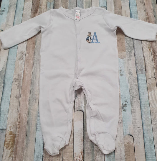 Personalised Baby Boys White Babygro With Embroidered Blue Rabbit With Initial