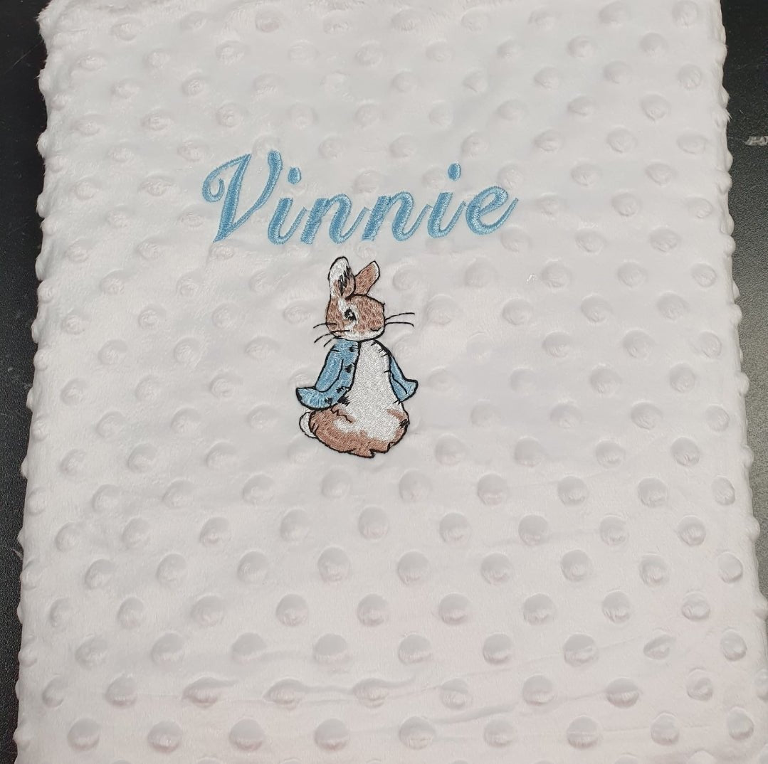Personalised White Dimple Baby  Blanket With Blue Rabbit