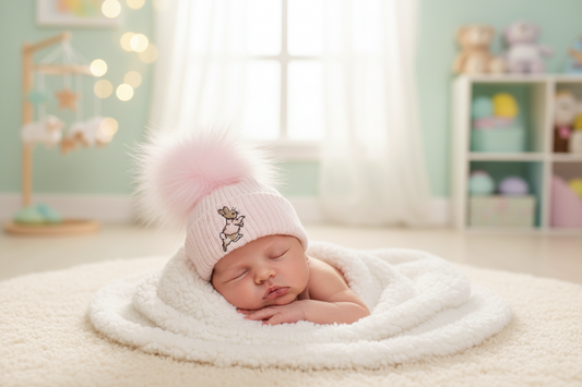 Baby Pink Knitted Pink Rabbit Hat Single Pink Fluffy Faux Fur Pom