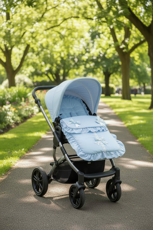 Baby Boys Blue And White Slotted Lace Trim  Universal Pushchair Footmuff/Cosytoes