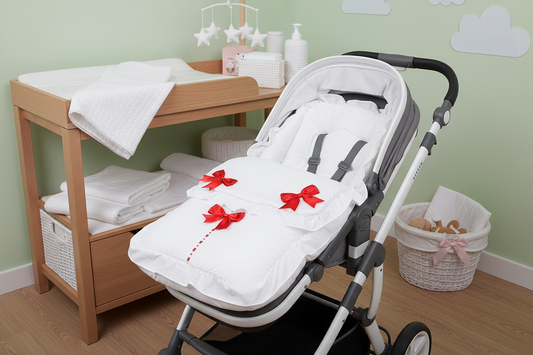 Unisex Baby Plain White Broderie Anglaise And Red Satin Bow Universal  Pushchair Cosytoes/Footmuff