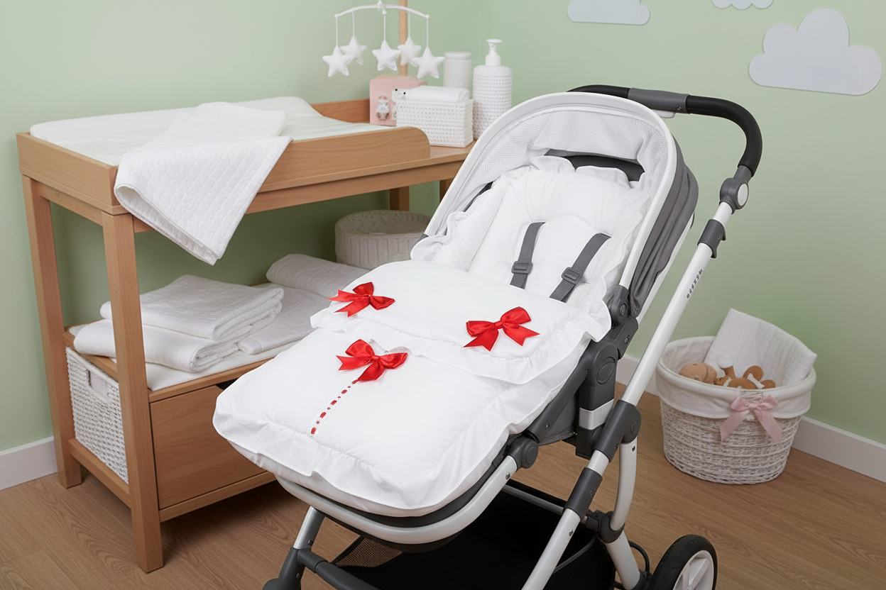 Unisex Baby Plain White Broderie Anglaise And Red Satin Bow Universal  Pushchair Cosytoes/Footmuff