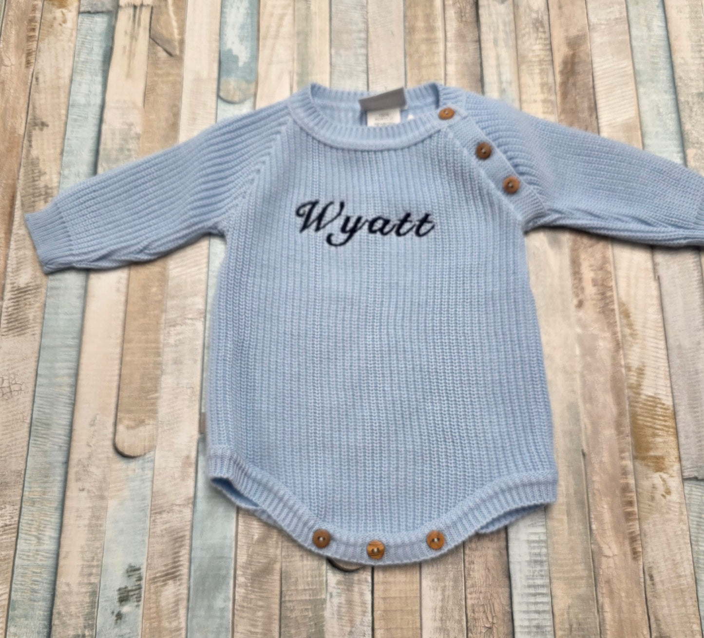 Personalised Baby Boys Blue Knitted Long Sleeved Romper