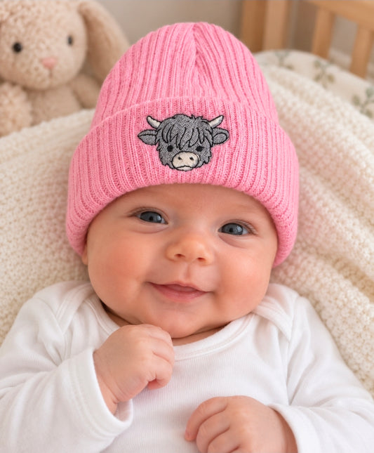 Baby Girls Medium Pink And Grey Pom Highland Cow Hat