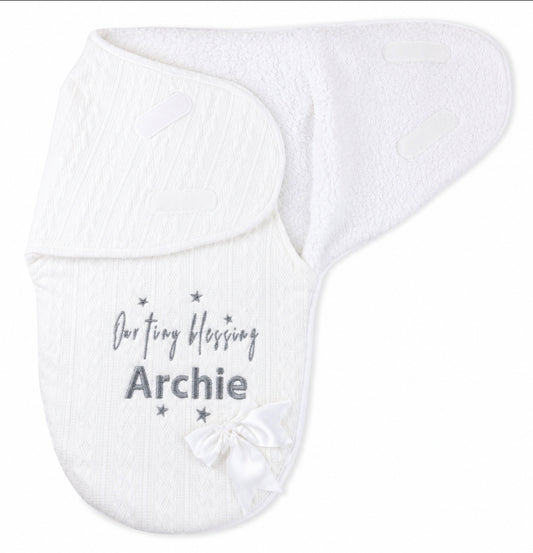 Our Tiny Blessing Personalised Baby White Cable Design Swaddle