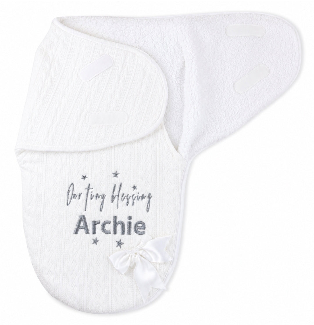 Our Tiny Blessing Personalised Baby White Cable Design Swaddle
