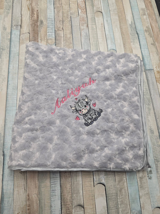 Personalised Baby Girls  Grey Soft Rose Highland Cow Wrap