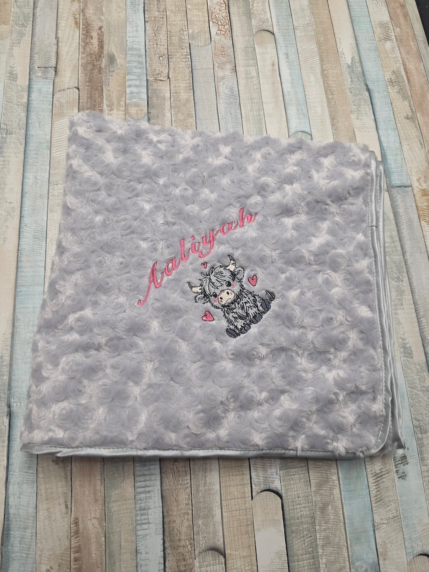 Personalised Baby Girls  Grey Soft Rose Highland Cow Wrap