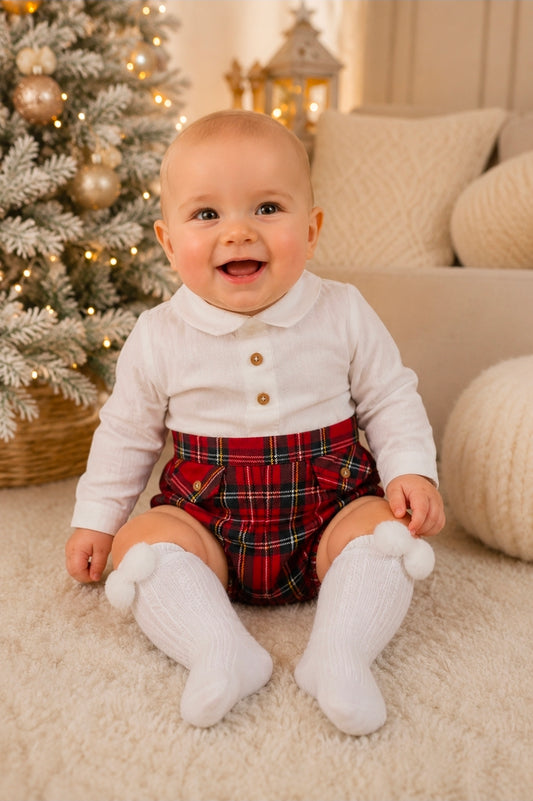 Baby Boys White Shirt And Red Tartan Shorts Set