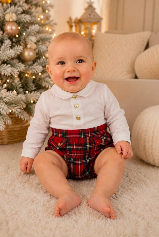 Baby Boys White Shirt And Red Tartan Shorts Set