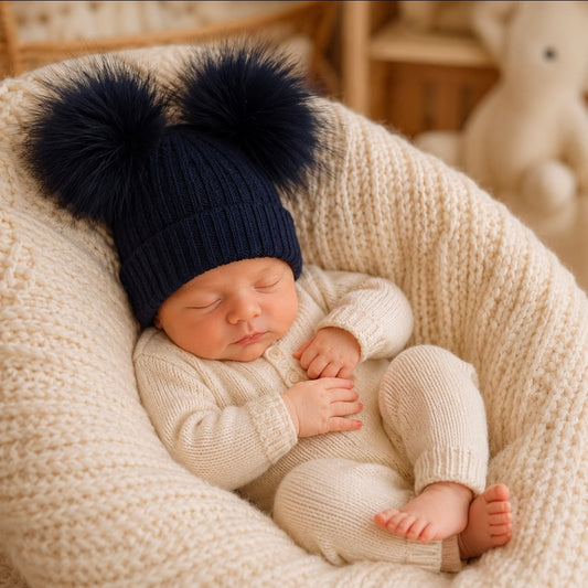Baby Knitted Navy Hat Double Navy Fluffy Faux Fur Pom's