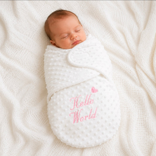 Hello World White Dimple Swaddle With Pink Embroidery