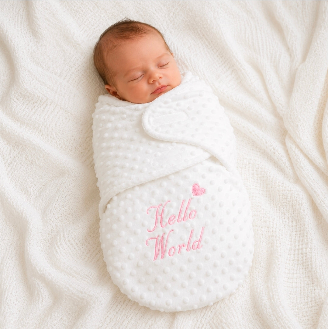 Hello World White Dimple Swaddle With Pink Embroidery