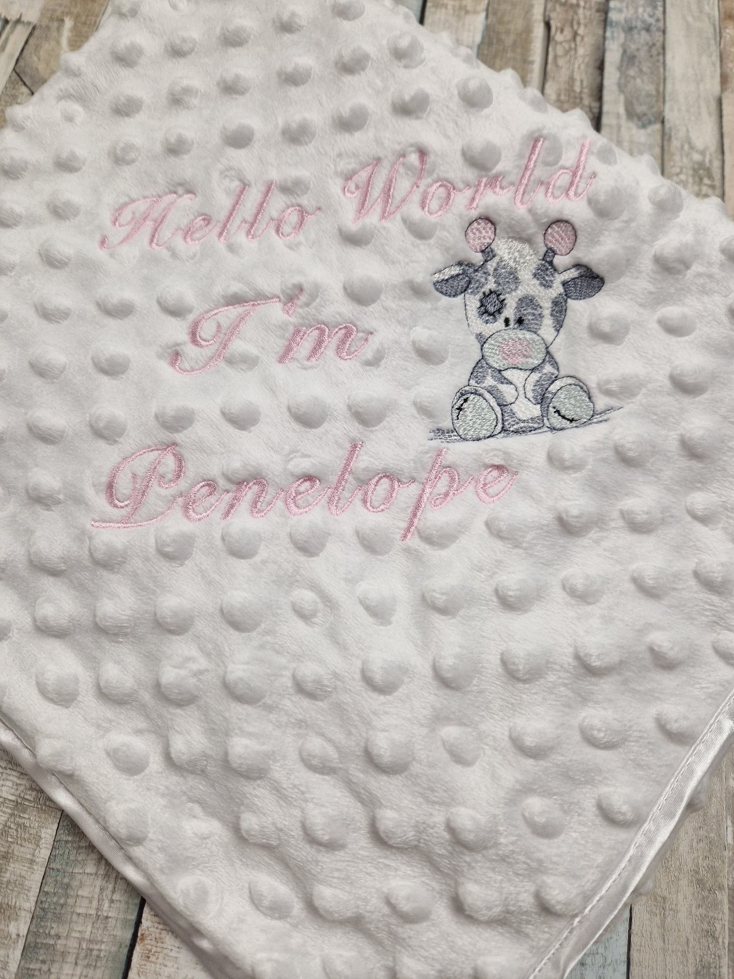 Personalised Hello World White Dimple Wrap With Pink Giraffe Embroidered Design