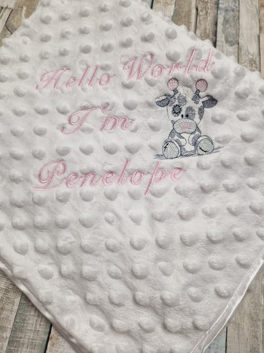 Personalised Hello World White Dimple Wrap With Pink Giraffe Embroidered Design