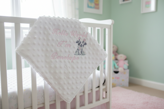 Personalised Hello World White Dimple Wrap With Pink Giraffe Embroidered Design