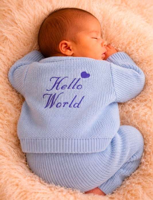 Nana B Blue Baby Boys Hello World Ribbed Cardigan