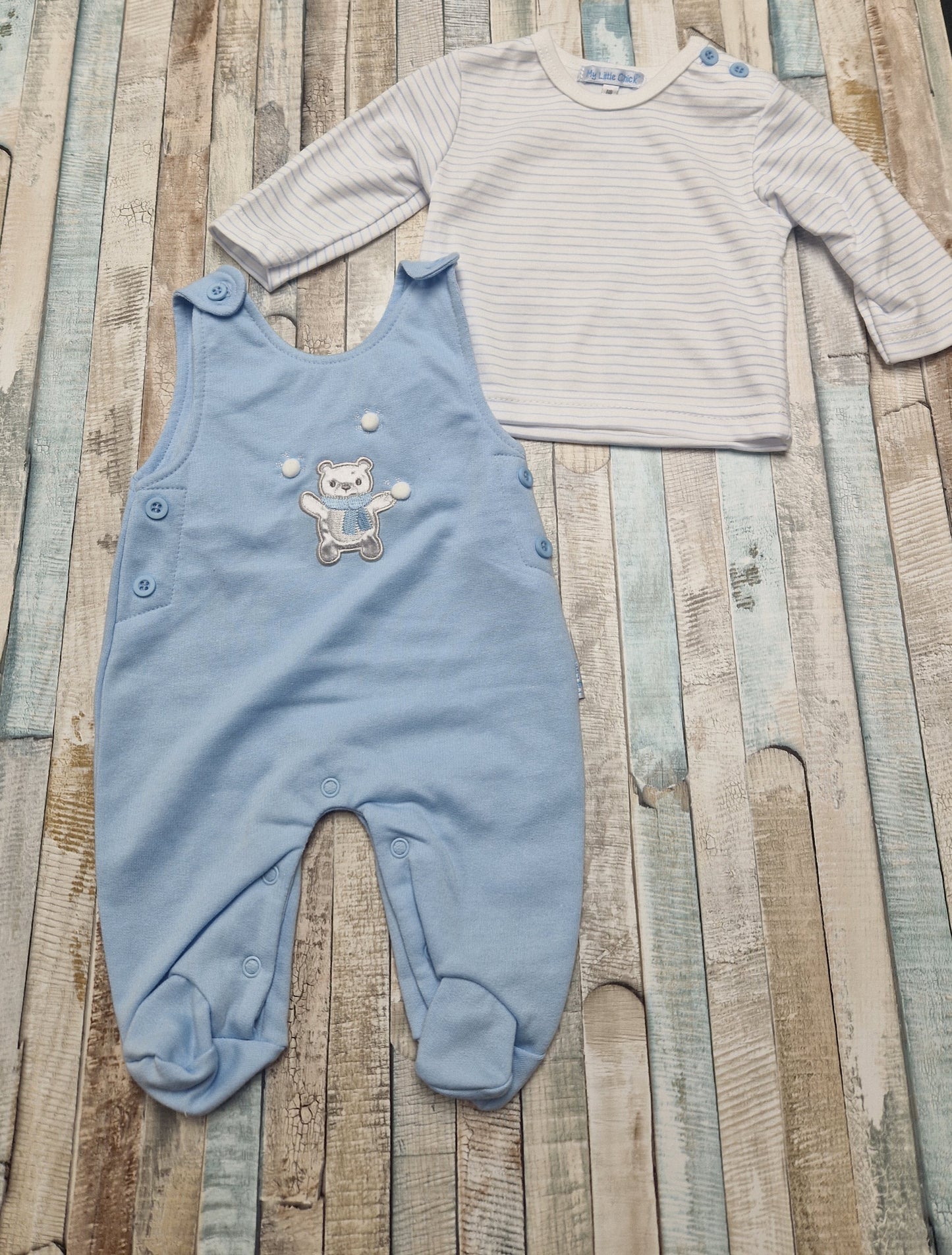 Baby Boys Blue And White Teddy And Snowball Design Dungaree Set