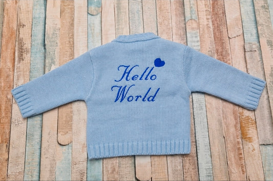 Baby Boys Blue Cable Knit Cardigan With Hello World Design