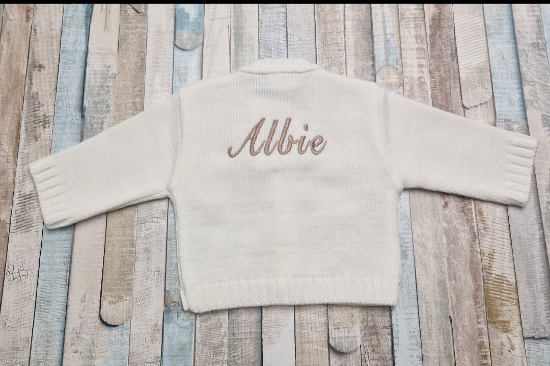 Personalised Baby White Cable  V Neck Cardigan