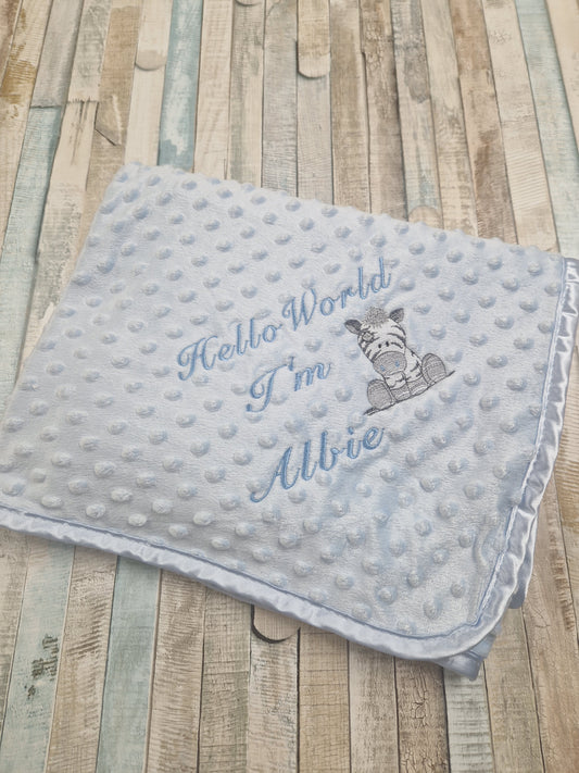 Personalised Hello World Blue Dimple Wrap With Blue Zebra Embroidered Design