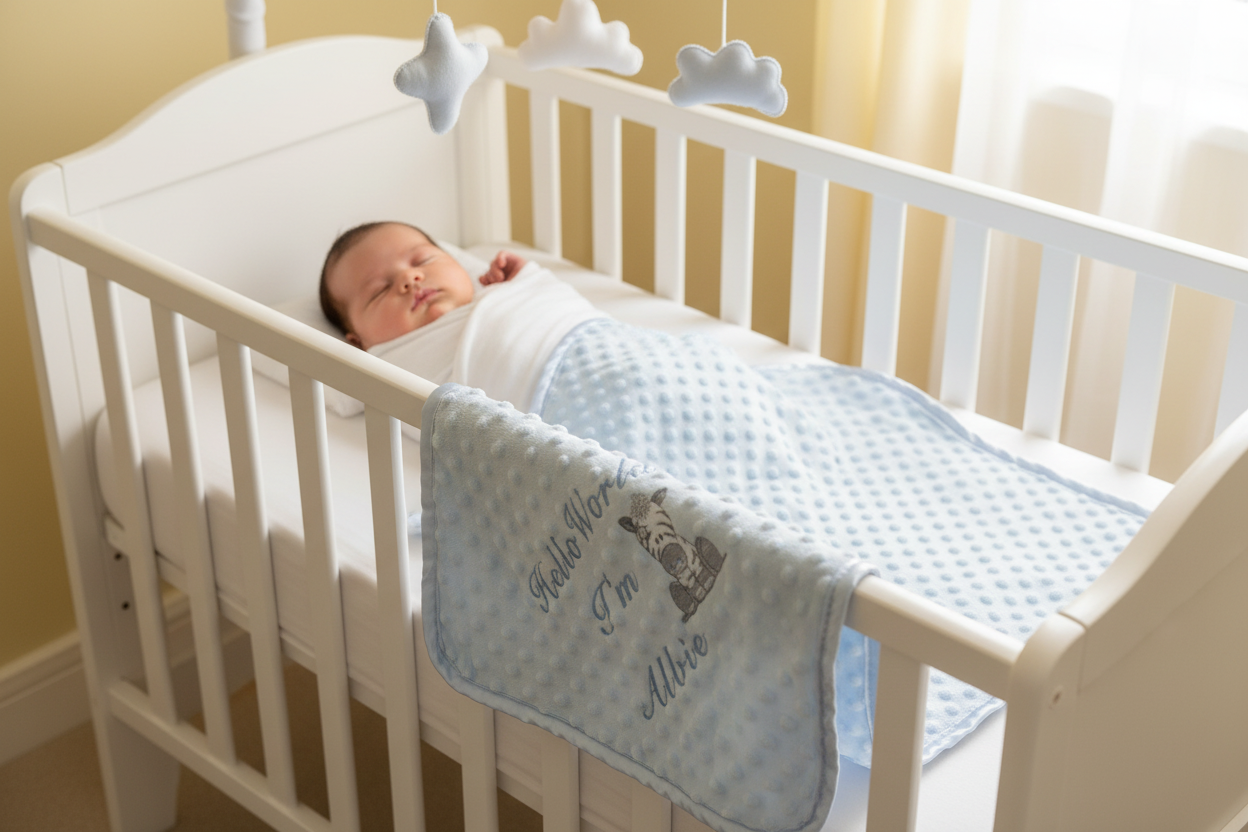 Personalised Hello World Blue Dimple Wrap With Blue Zebra Embroidered Design