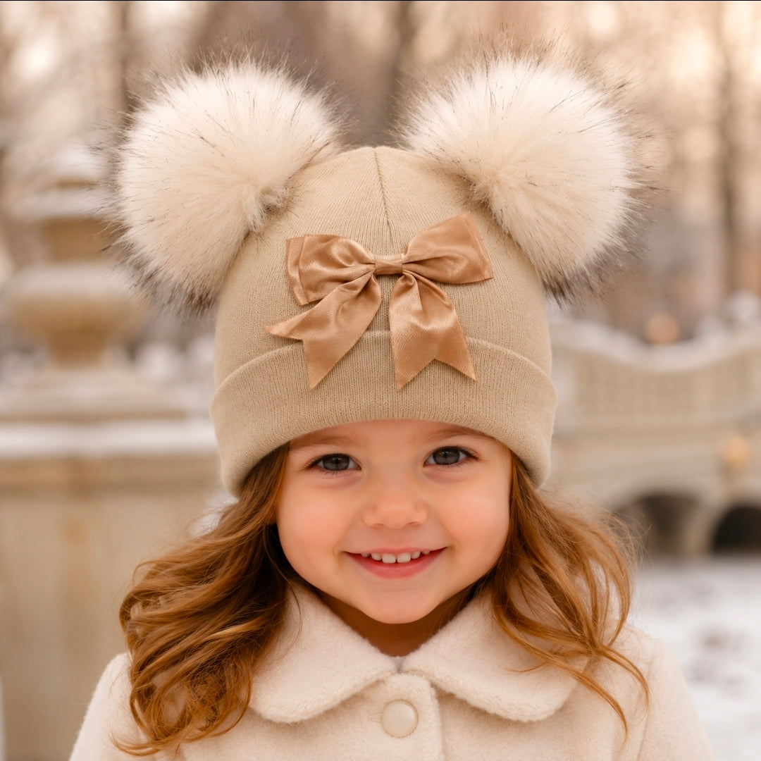 Baby Girls Beige And Gold  Bow And Fluffy Double Pom Hat