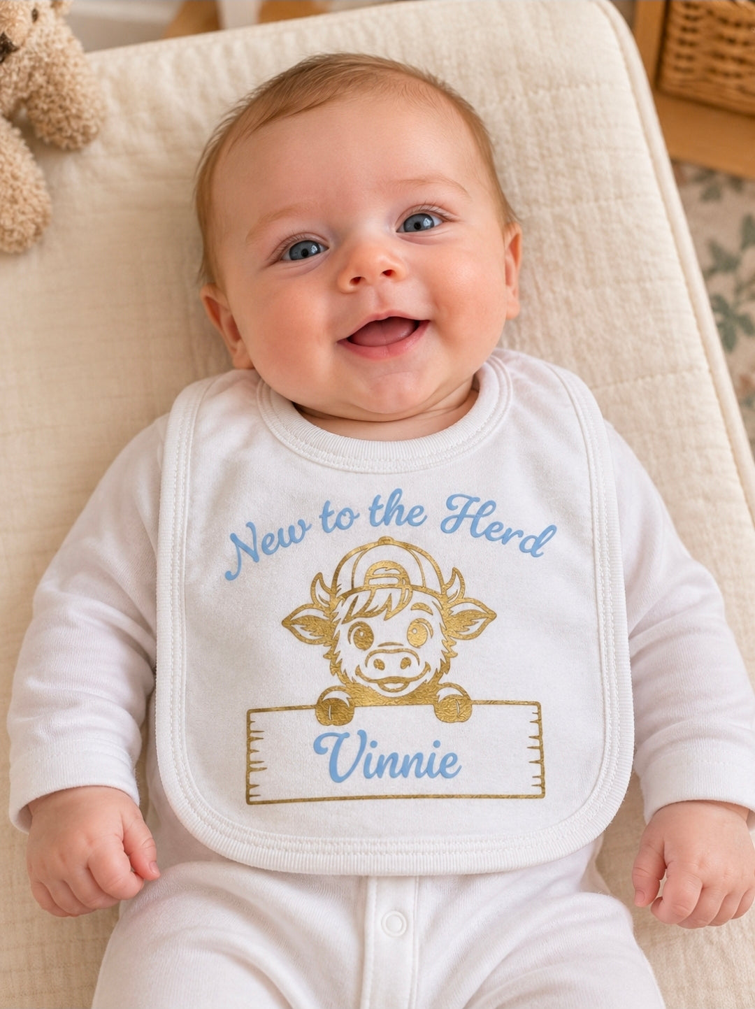 Baby Boys New To The Herd  Highland Cow Printed Bib