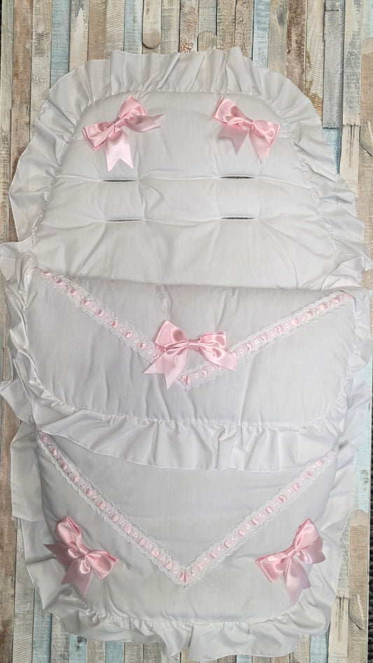 Baby Girls White Frill Universal Pushchair Footmuff/ Cosytoes With 5 Pink Satin Bow