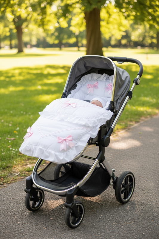 Baby Girls White Frill Universal Pushchair Footmuff/ Cosytoes With 5 Pink Satin Bow