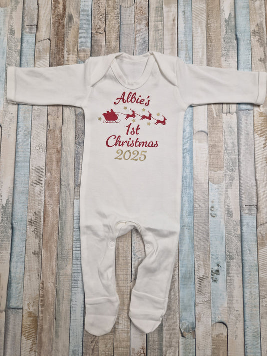 Baby's 1st Christmas Printed Personalised Santa Sleigh Babygro