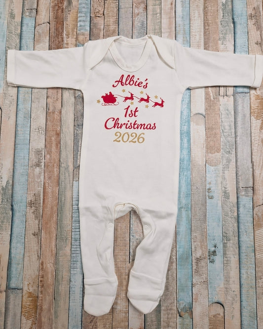 Baby's 1st Christmas Printed Personalised Santa Sleigh Babygro