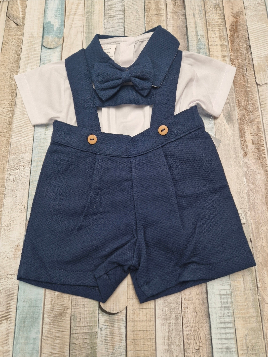 Baby Boys Navy And White Dungaree Set With Dickie Bow