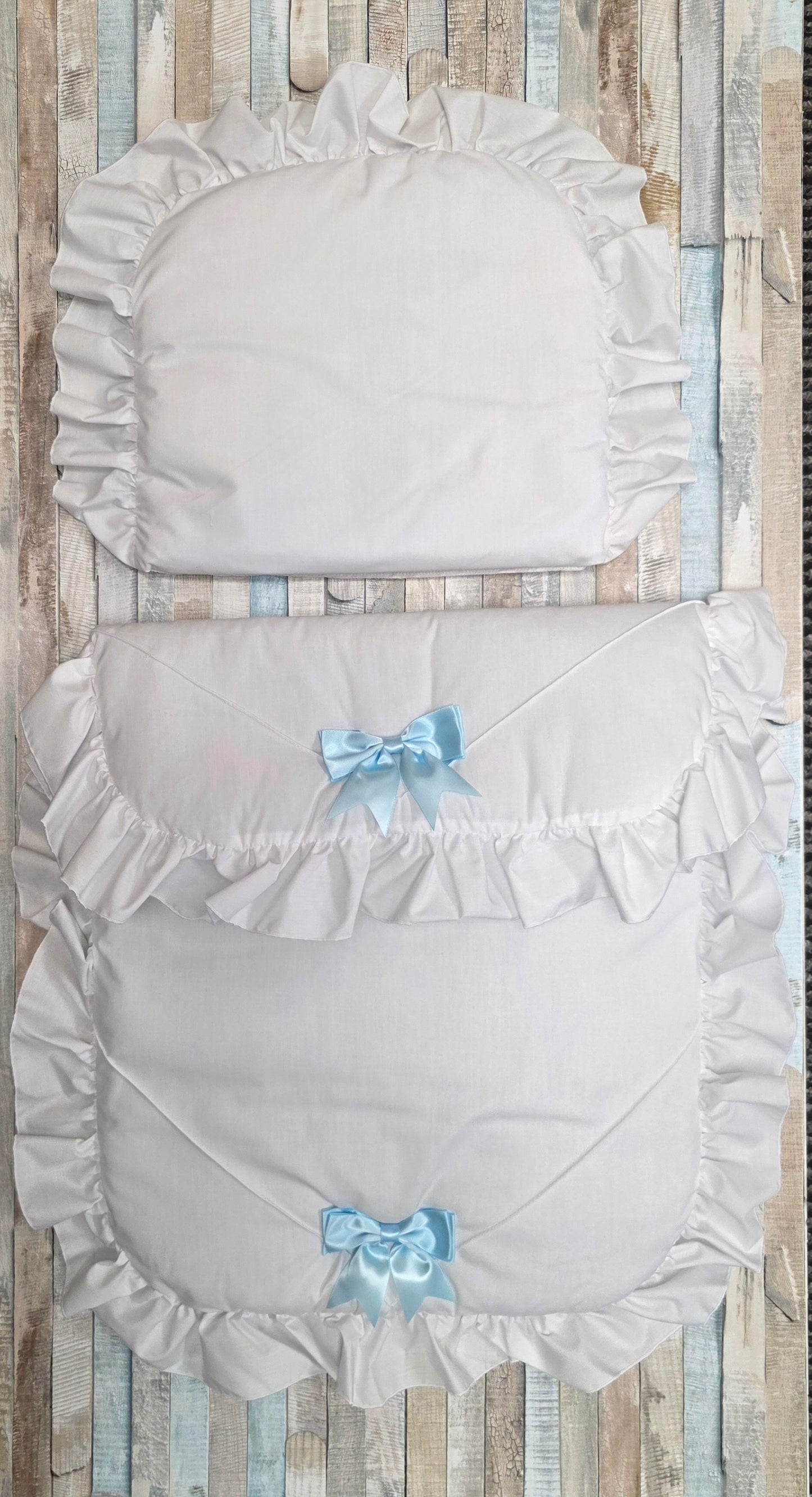 Baby Boys White Frill  2 Blue Satin Bow Pram Set