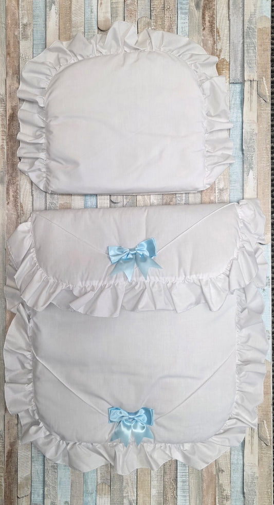 Baby Boys White Frill  2 Blue Satin Bow Pram Set