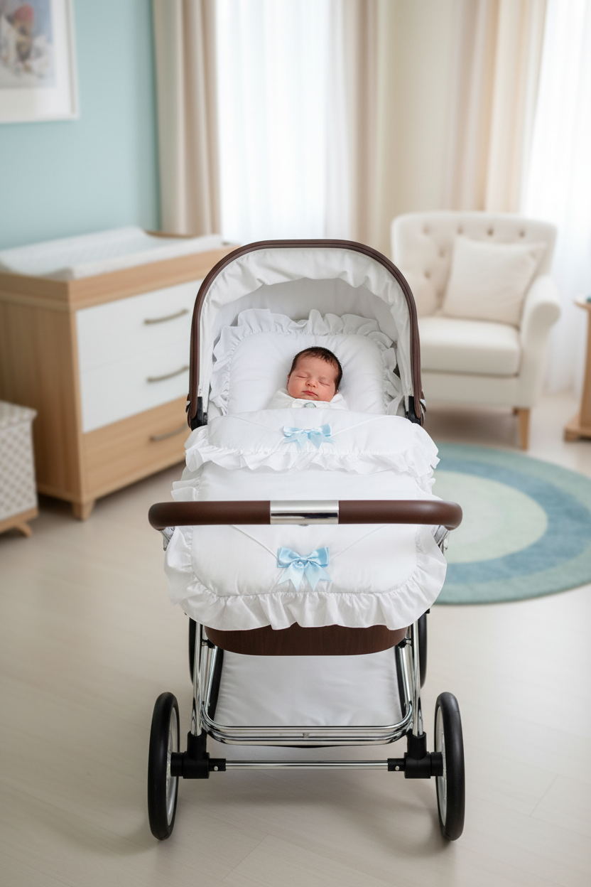 Baby Boys White Frill  2 Blue Satin Bow Pram Set