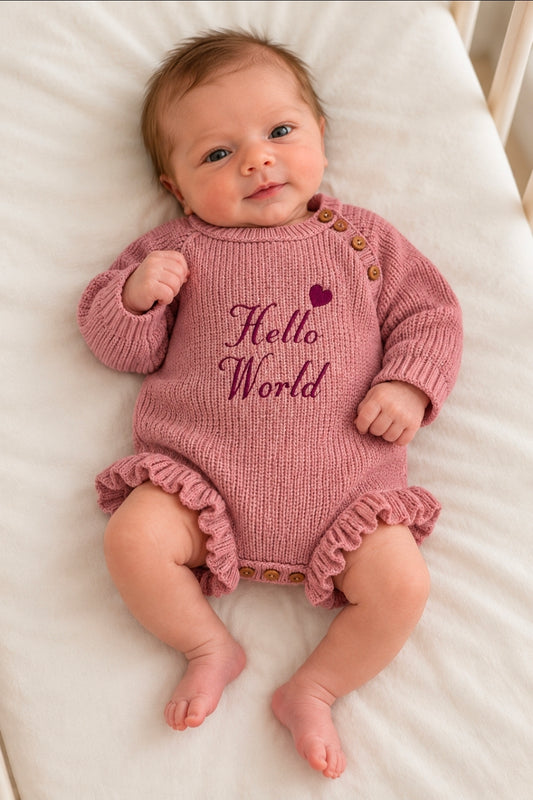 Baby Girls Dusky Pink Frilly Leg Romper With Hello World
