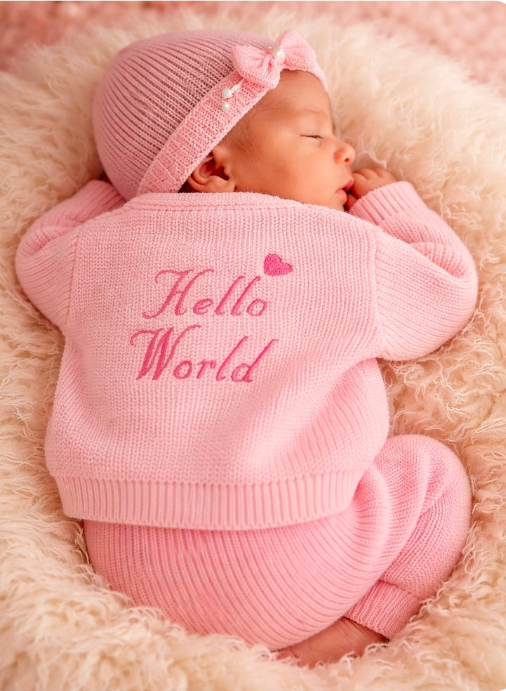 Nana B Pink Baby Girls  Hello World Ribbed Cardigan