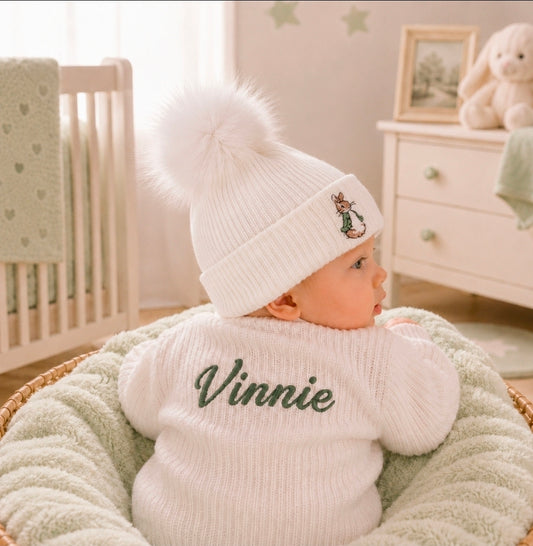 Unisex Baby White Knitted Single Faux Fur Pom Pom Hat With Sage Green Rabbit