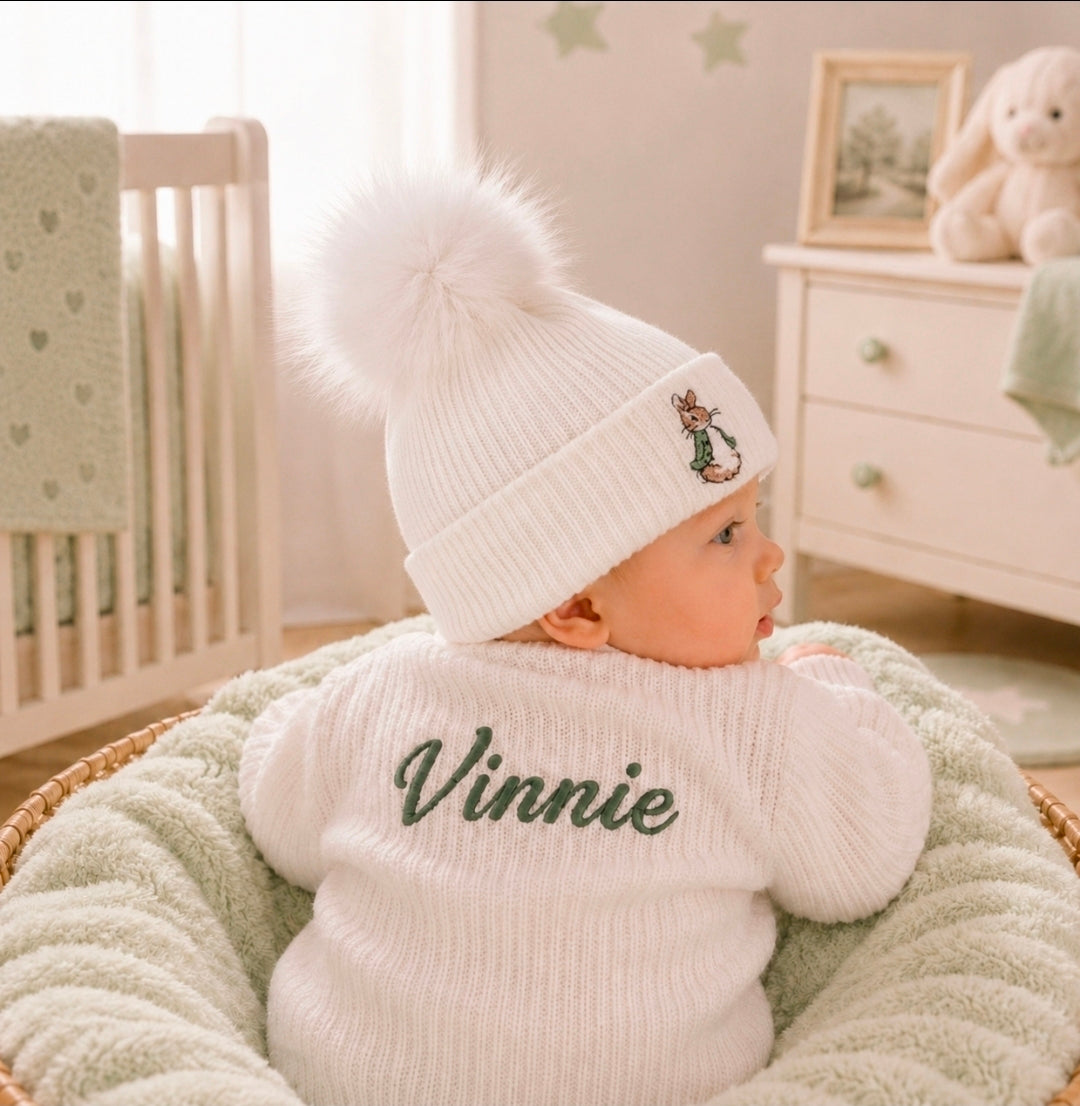 Unisex Baby White Knitted Single Faux Fur Pom Pom Hat With Sage Green Rabbit