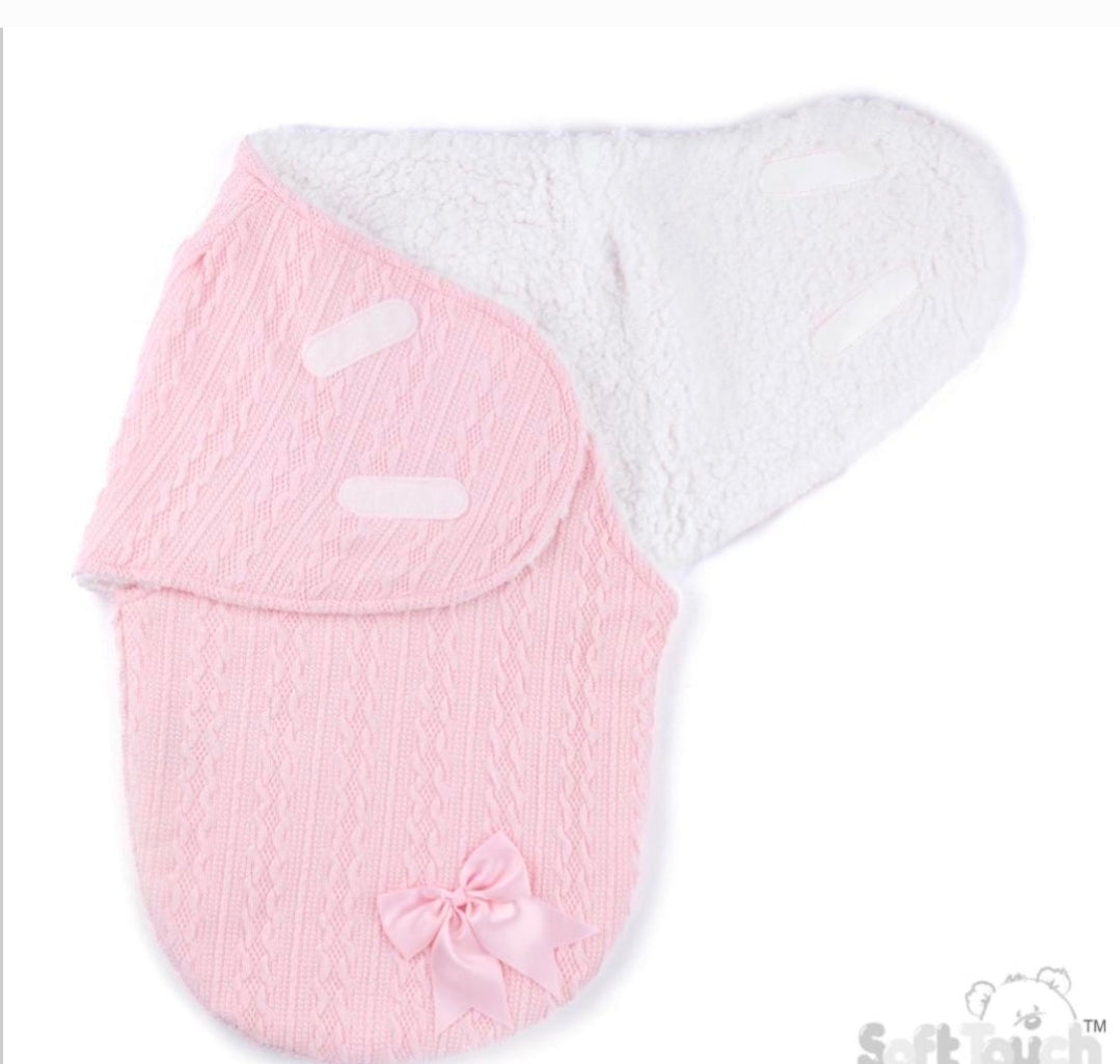 Baby Girls Pink New Cable Style Swaddle With Satin Bow