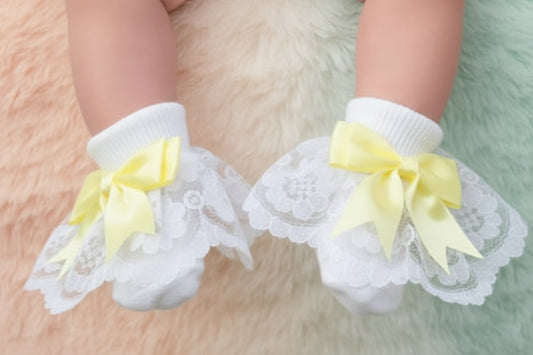 Baby Girls White Frilly Socks With Lemon Ribbon