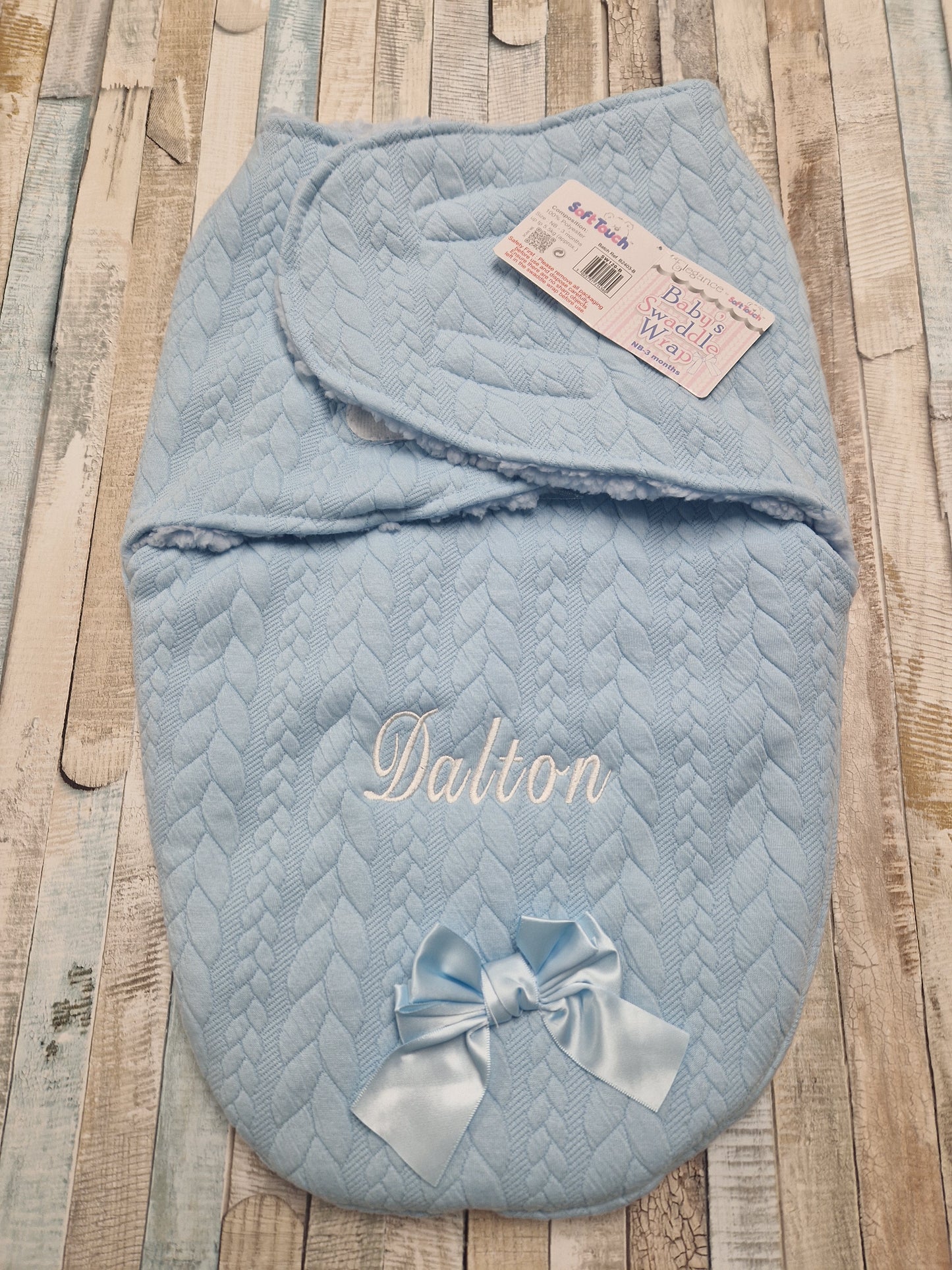 Personalised Baby Blue Knitted Cable Design Swaddle Wrap