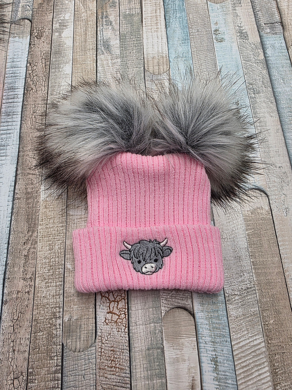 Baby Girls Medium Pink And Grey Pom Highland Cow Hat