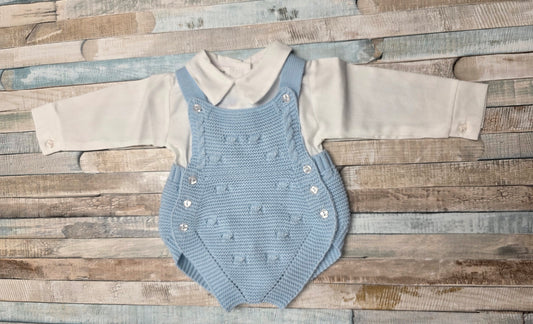Baby Boys Blue 2 Piece Fancy Knitted Dungaree Romper Set