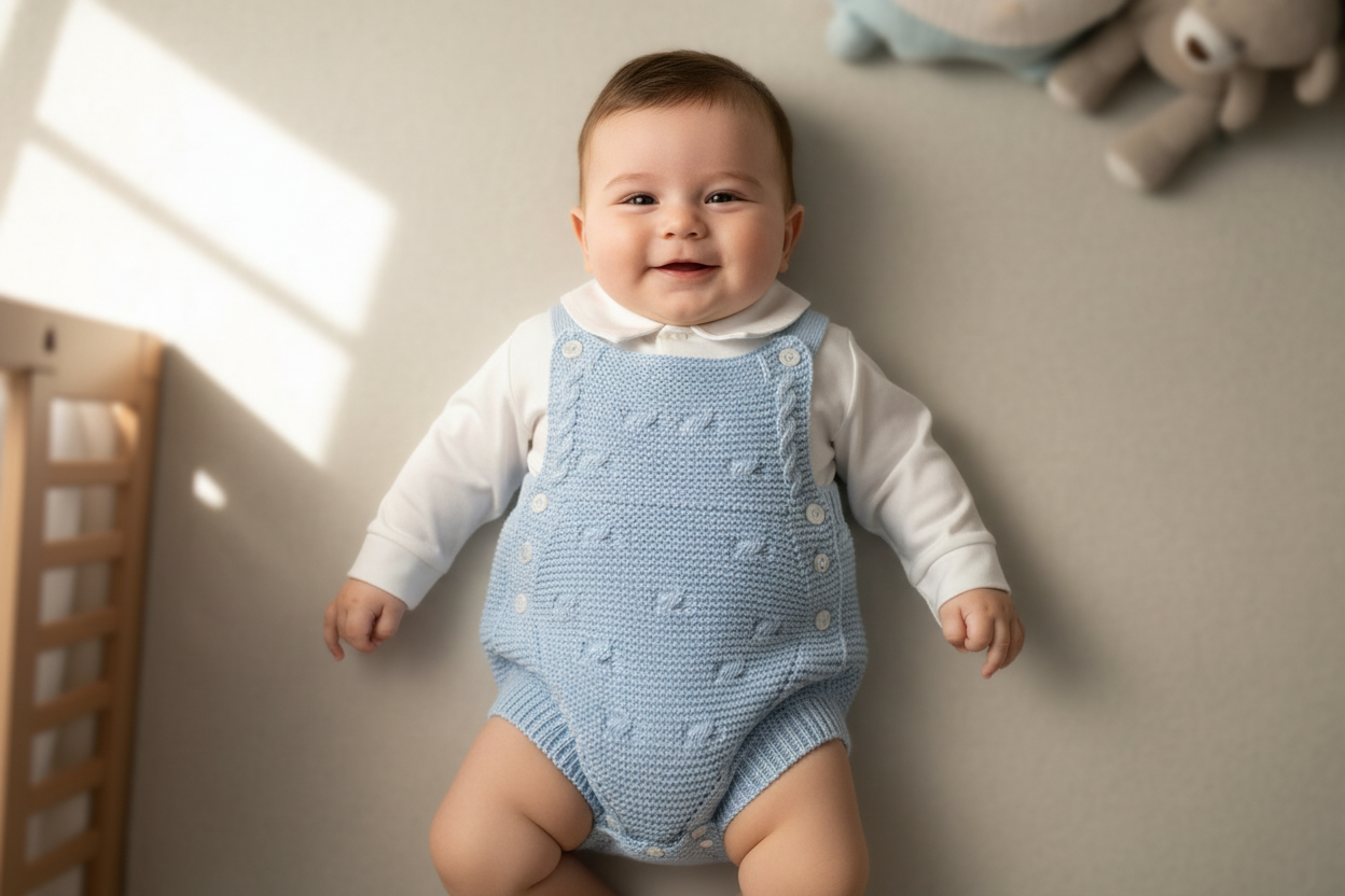 Baby Boys Blue 2 Piece Fancy Knitted Dungaree Romper Set